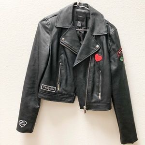 Forever 21 Crop Black Leather Jacket with patches